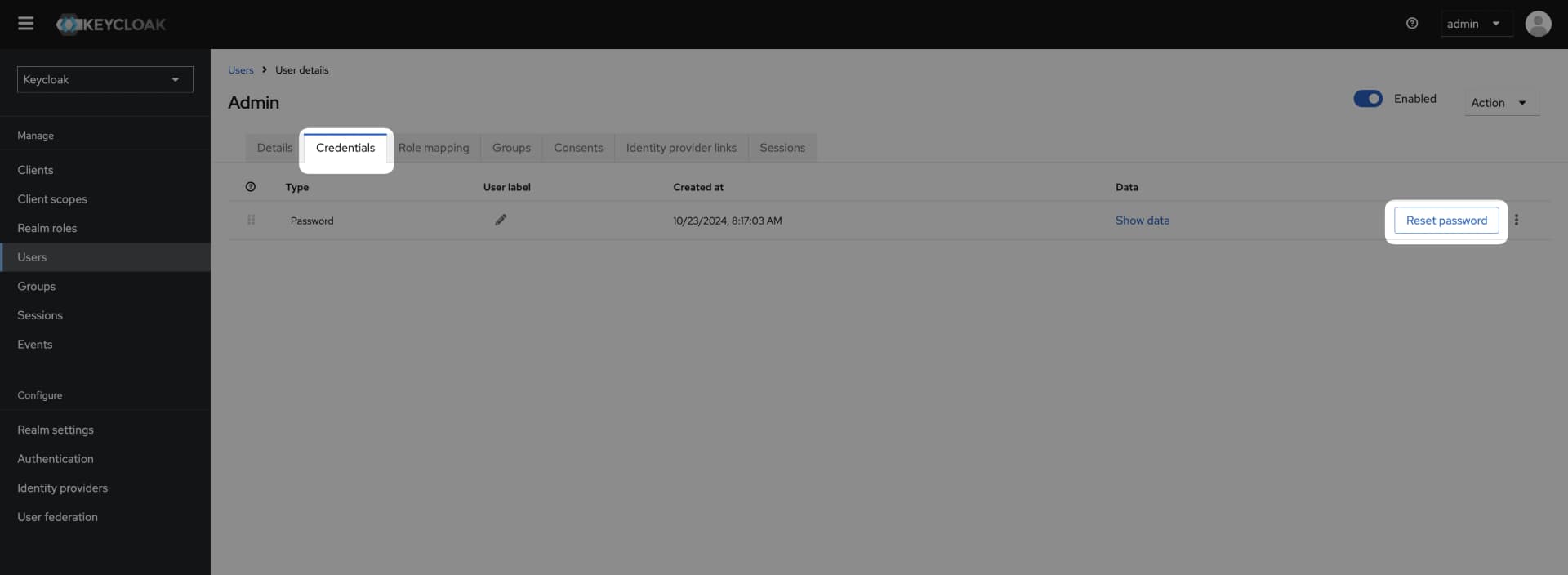Keycloak reset password