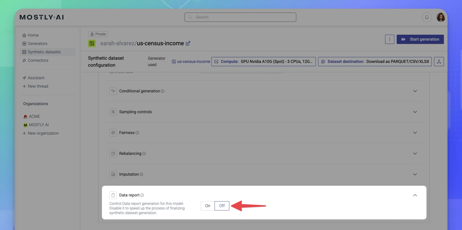 MOSTLY AI - Synthetic dataset configuration - Disable Data report