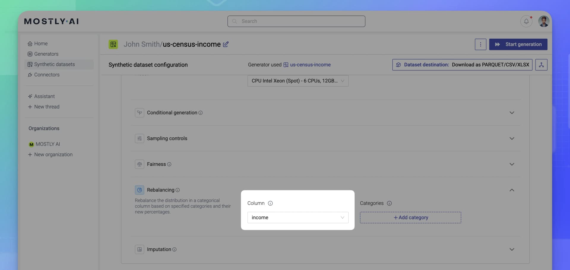 MOSTLY AI - Synthetic datasets - Rebalancing column